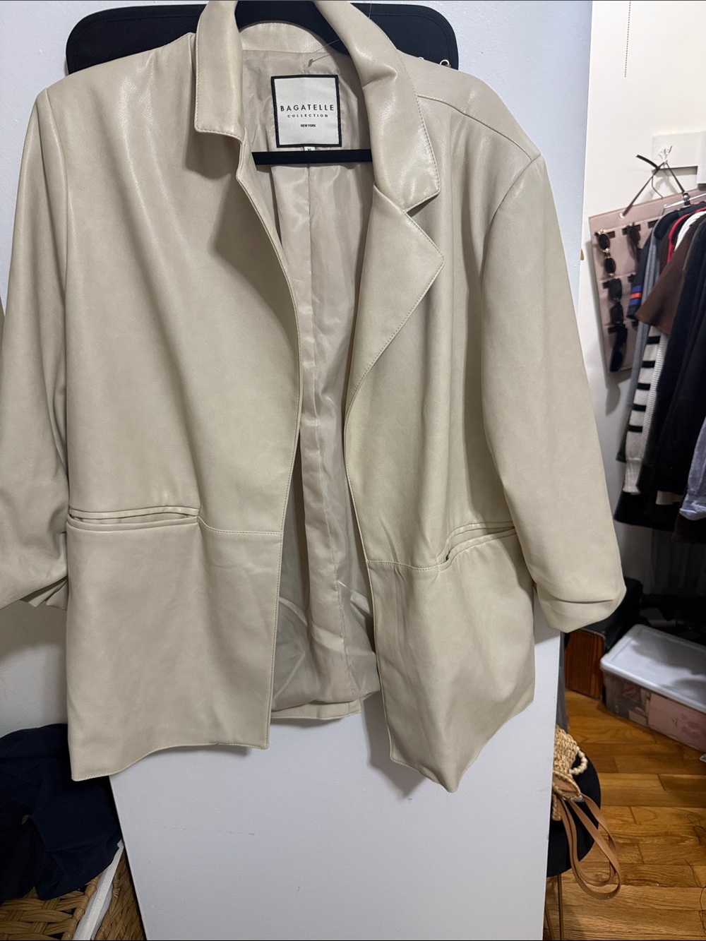 bagatelle Light Cream Faux Leather Open-Front Blazer